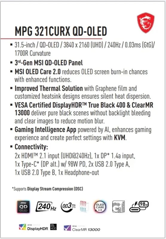 مشخصات مانیتور MPG 321CURX