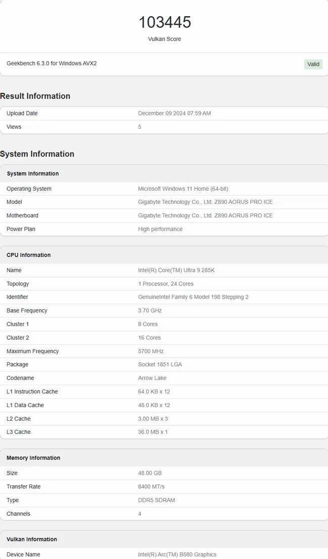 عملکرد کارت گرافیک B580 اینتل در بنچمارک Geekbench