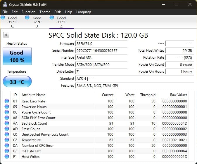 مشخصات SSD Silicon Power Slim S55 از نگاه  نرم‌افزار CrystalDiskInfo