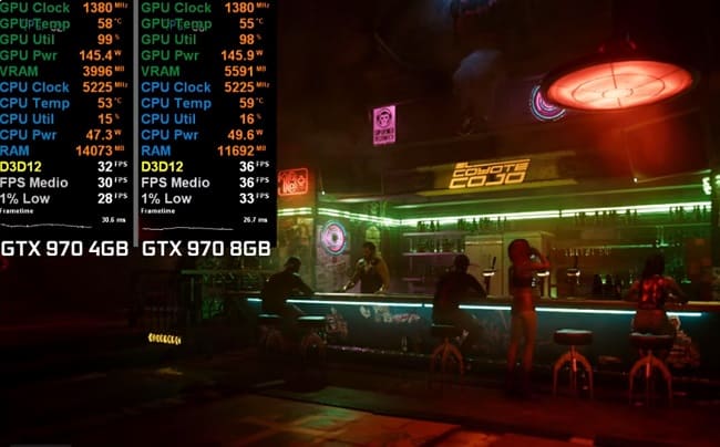 تفاوت عملکرد نسخه‌های ۴ و ۸ گیگی GTX 970 در سایبرپانک ۲۰۷۷