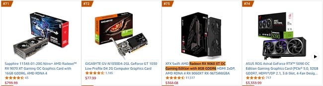 جایگاه 9060 XT 8GB در آمار فروش آمازون