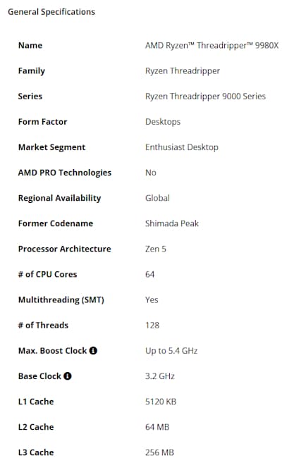 مشخصات کامل پردازنده‌ Ryzen Threadripper 9980X