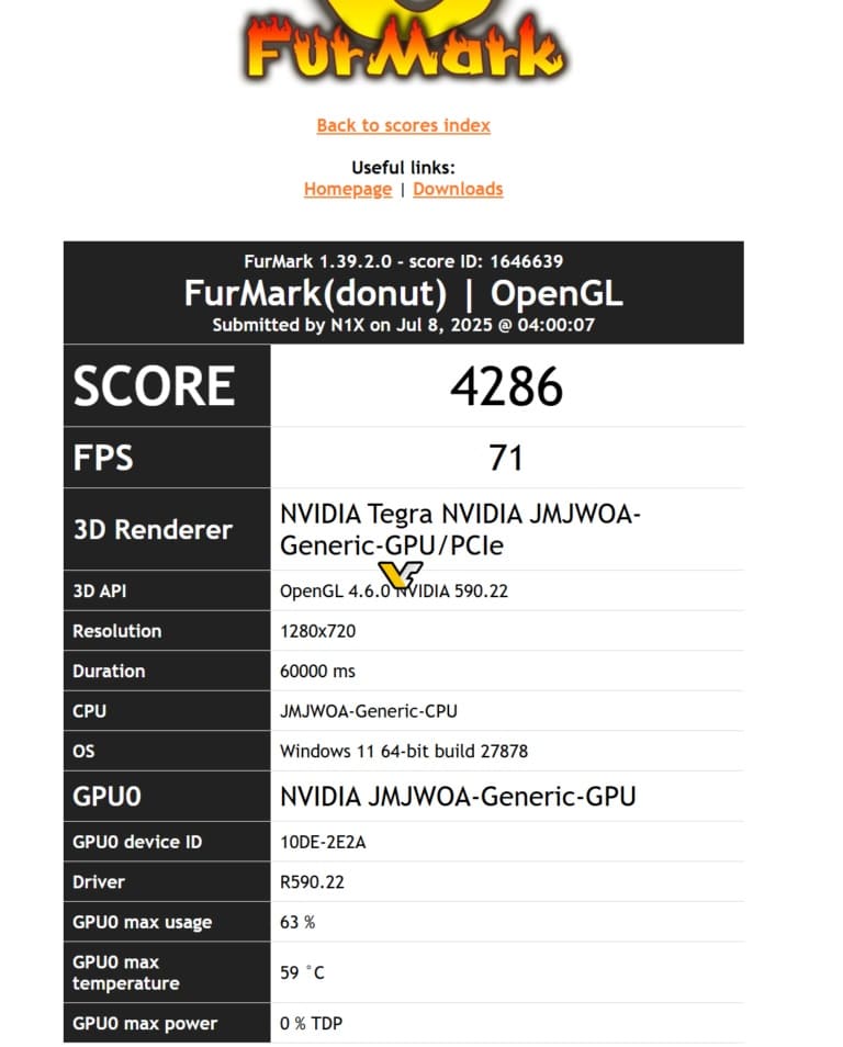 امتیاز Furmark ثبت شده برای N1X