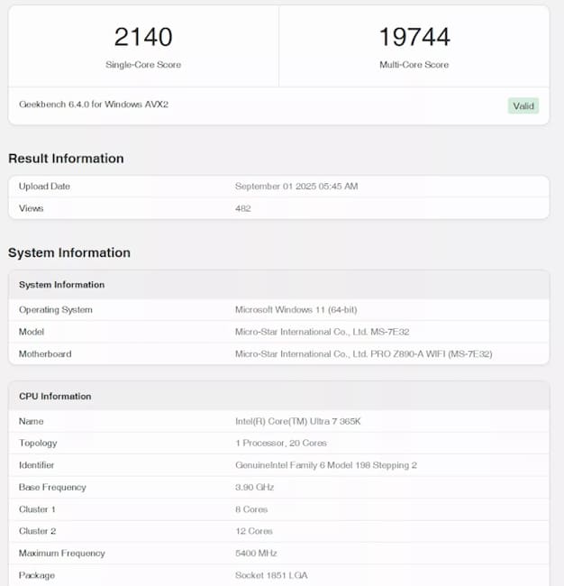 بنچمارک Core Ultra 7 365K